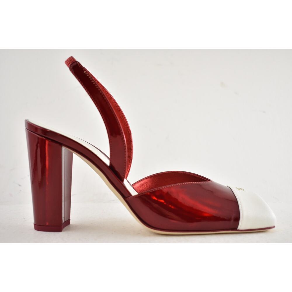Chanel 26S Blazy Red White Square Toe Sling CC Logo Slingback Block Heel Pump 38 - Picture 2 of 16